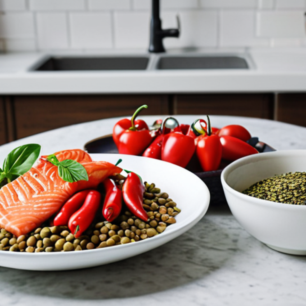 **

Prompt: A brightly lit Italian kitchen counter with various foods known to boost metabolism. Include: red chili peppers, green tea in a glass cup, Greek yogurt with berries in a bowl, a bowl of lentils, and a piece of grilled salmon. Focus on vibrant colors and an inviting, healthy aesthetic.  Emphasis on fresh ingredients and a sense of "natural acceleration" for the metabolism.

**