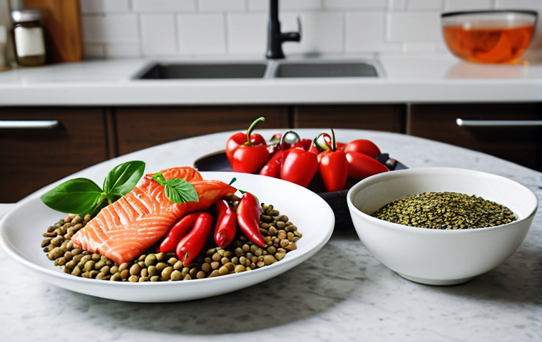**

Prompt: A brightly lit Italian kitchen counter with various foods known to boost metabolism. Include: red chili peppers, green tea in a glass cup, Greek yogurt with berries in a bowl, a bowl of lentils, and a piece of grilled salmon. Focus on vibrant colors and an inviting, healthy aesthetic.  Emphasis on fresh ingredients and a sense of "natural acceleration" for the metabolism.

**