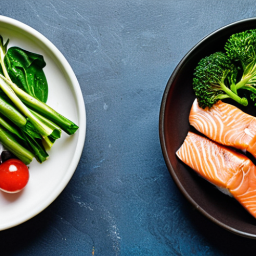 A vibrant and colorful flat lay showcasing brain-boosting foods: oily fish (salmon, mackerel), leafy green vegetables, blueberries, dark chocolate, nuts and seeds, yogurt with berries, and a glass of water. The layout emphasizes freshness and a balanced approach to a "Mediterranean Diet" for cognitive health.