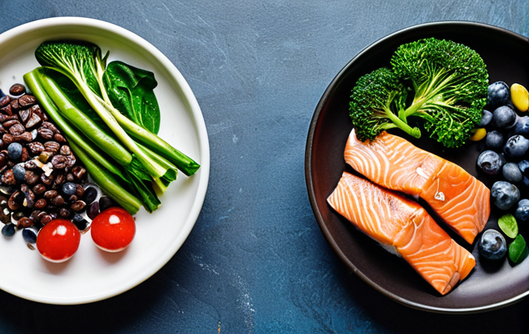 A vibrant and colorful flat lay showcasing brain-boosting foods: oily fish (salmon, mackerel), leafy green vegetables, blueberries, dark chocolate, nuts and seeds, yogurt with berries, and a glass of water. The layout emphasizes freshness and a balanced approach to a "Mediterranean Diet" for cognitive health.