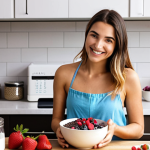 **

A vibrant, colorful kitchen scene. A young Italian woman, styled like a popular food influencer, is smiling and adding chia seeds to a bowl of yogurt with fresh berries. In the background, there's a well-organized pantry with visible healthy ingredients like nuts, seeds, and dark chocolate. The overall feeling should be bright, positive, and focused on healthy eating for stress relief.

**
