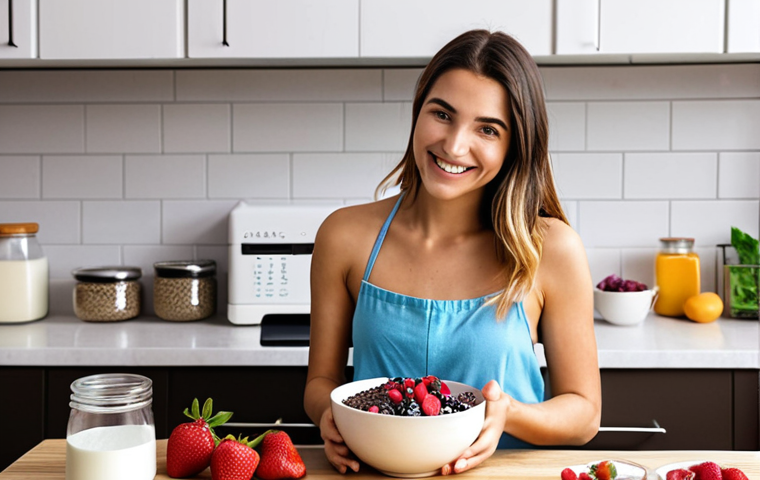 **

A vibrant, colorful kitchen scene. A young Italian woman, styled like a popular food influencer, is smiling and adding chia seeds to a bowl of yogurt with fresh berries. In the background, there's a well-organized pantry with visible healthy ingredients like nuts, seeds, and dark chocolate. The overall feeling should be bright, positive, and focused on healthy eating for stress relief.

**