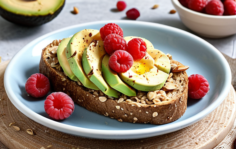 A vibrant and inviting breakfast spread, showcasing a perfect balance of complex carbohydrates (e.g., a bowl of whole-grain oatmeal with berries), healthy fats (e.g., a handful of almonds or a slice of avocado toast), and protein (e.g., Greek yogurt with nuts or scrambled eggs). The scene should convey a sense of energy, vitality, and a clear mind, bathed in soft morning light, suggesting a powerful start to the day.