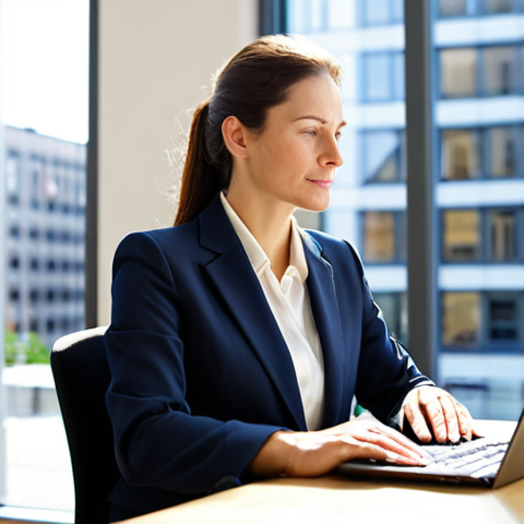 A professional woman, mid-30s, dressed in a modest and tailored business suit, is seated at a minimalist, light-wood desk in a contemporary, sun-drenched office. She is looking at her laptop screen with a focused and intelligent expression, radiating an aura of mental clarity and calm energy. The background features blurred modern office architecture. Fully clothed, appropriate attire, safe for work, professional dress, perfect anatomy, correct proportions, natural pose, well-formed hands, proper finger count, natural body proportions, appropriate content, high quality, professional photography, family-friendly.