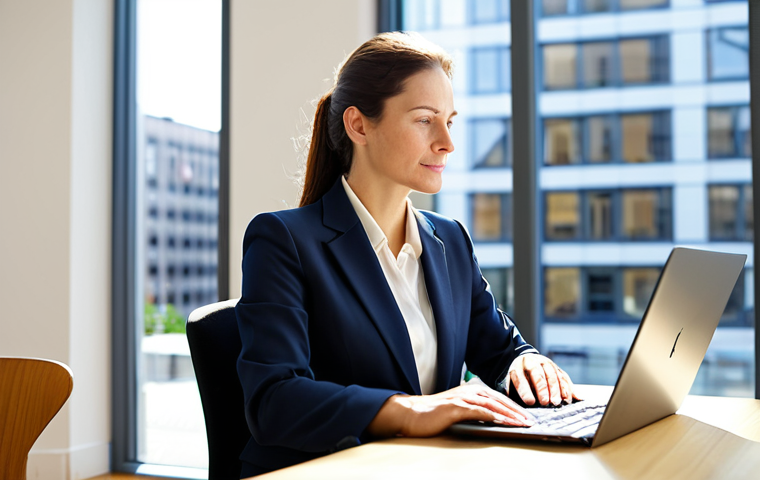 A professional woman, mid-30s, dressed in a modest and tailored business suit, is seated at a minimalist, light-wood desk in a contemporary, sun-drenched office. She is looking at her laptop screen with a focused and intelligent expression, radiating an aura of mental clarity and calm energy. The background features blurred modern office architecture. Fully clothed, appropriate attire, safe for work, professional dress, perfect anatomy, correct proportions, natural pose, well-formed hands, proper finger count, natural body proportions, appropriate content, high quality, professional photography, family-friendly.