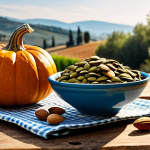 **

A vibrant still life photograph featuring "frutta secca" (almonds, walnuts, hazelnuts) and "semi di zucca" (pumpkin seeds) arranged artfully on a rustic wooden table. In the background, a glimpse of a sun-drenched Tuscan landscape. The image should evoke the feeling of a healthy, Mediterranean snack. Focus on natural light and textures. Perfect anatomy, correct proportions, natural pose, well-formed hands (if any hands are visible holding the snacks), proper finger count, natural body proportions. Safe for work, appropriate content, fully clothed (no people depicted), professional, modest, family-friendly. High quality, professional food photography.

**