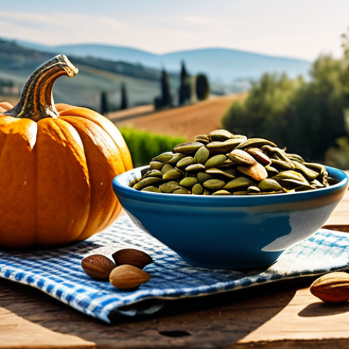 **

A vibrant still life photograph featuring "frutta secca" (almonds, walnuts, hazelnuts) and "semi di zucca" (pumpkin seeds) arranged artfully on a rustic wooden table. In the background, a glimpse of a sun-drenched Tuscan landscape. The image should evoke the feeling of a healthy, Mediterranean snack. Focus on natural light and textures. Perfect anatomy, correct proportions, natural pose, well-formed hands (if any hands are visible holding the snacks), proper finger count, natural body proportions. Safe for work, appropriate content, fully clothed (no people depicted), professional, modest, family-friendly. High quality, professional food photography.

**