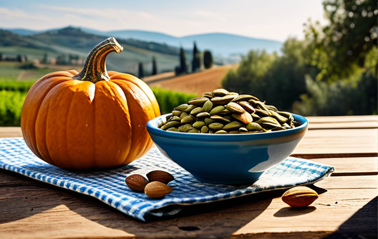 **

A vibrant still life photograph featuring "frutta secca" (almonds, walnuts, hazelnuts) and "semi di zucca" (pumpkin seeds) arranged artfully on a rustic wooden table. In the background, a glimpse of a sun-drenched Tuscan landscape. The image should evoke the feeling of a healthy, Mediterranean snack. Focus on natural light and textures. Perfect anatomy, correct proportions, natural pose, well-formed hands (if any hands are visible holding the snacks), proper finger count, natural body proportions. Safe for work, appropriate content, fully clothed (no people depicted), professional, modest, family-friendly. High quality, professional food photography.

**