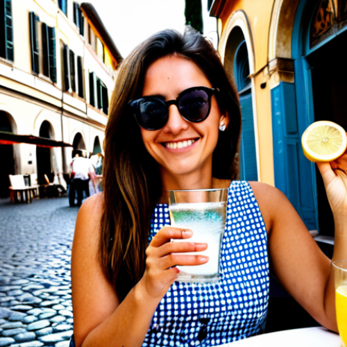 **

A woman enjoying a glass of sparkling water with lemon slices at an outdoor cafe in Rome, Italy. She is wearing a stylish yet modest sundress and sunglasses. The scene is bright and sunny, with cobblestone streets and charming buildings in the background. Perfect anatomy, correct proportions, natural pose, well-formed hands, proper finger count, safe for work, appropriate content, fully clothed, professional, family-friendly.

**