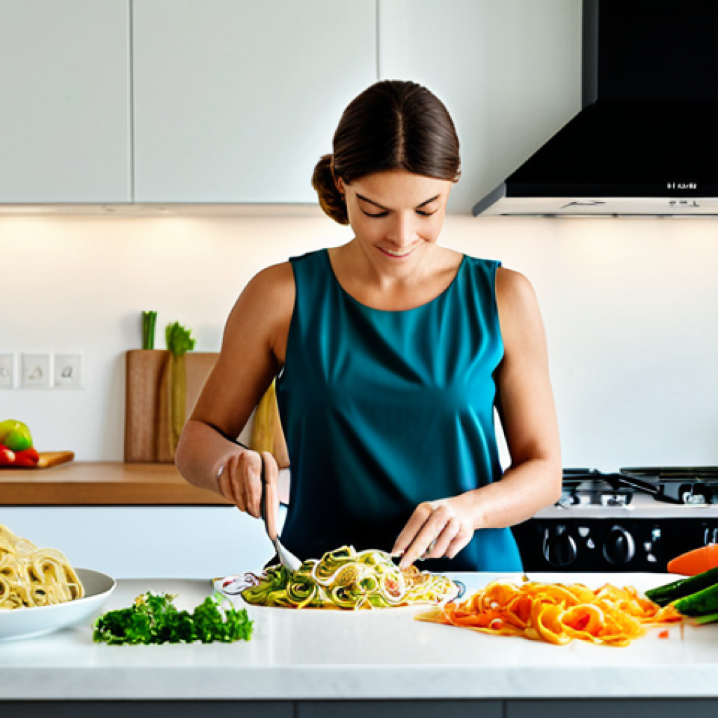 정신적 집중력을 높이는 식사 전략 - **Image Prompt:** A professional woman in a modern kitchen, preparing a healthy meal with fish, whol...