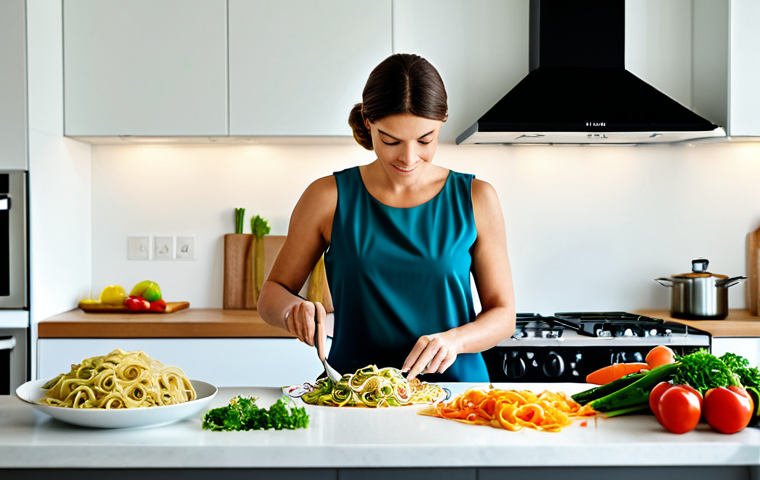 정신적 집중력을 높이는 식사 전략 - **Image Prompt:** A professional woman in a modern kitchen, preparing a healthy meal with fish, whol...