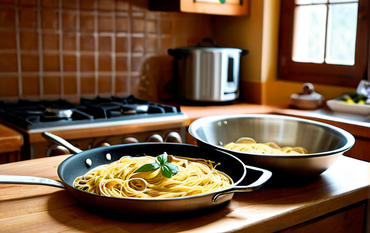 에너지 효율을 높이는 조리법과 재료 - **Prompt 1: The Magic of Passive Pasta Cooking**
A warm and inviting Italian kitchen scene, bath...