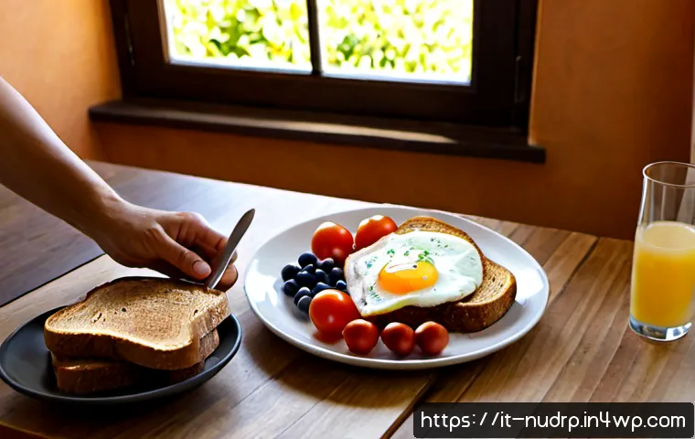 Home 9 식사와 에너지 수치 조절의 비법 - Photorealistic Italian Mediterranean breakfast on a sunlit kitchen table: a balanced plate with whol...